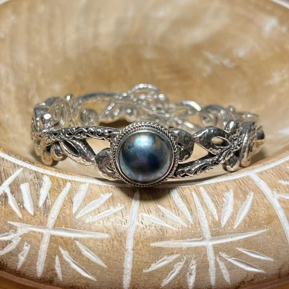 Sarda Blue Cultured Mabe Pearl Silver Tree Of Life Bangle Bracelet - Picture 2 of 16